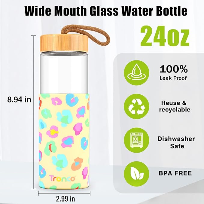 Tronco 24oz Glass Water Bottles with Bamboo Lid & Silicone Sleeve, Leak Proof, BPA Free, Reusable Borosilicate Glass Bottles for Juicing, Smoothies, Juice & Water, for Men & Women Gym, Office, Travel