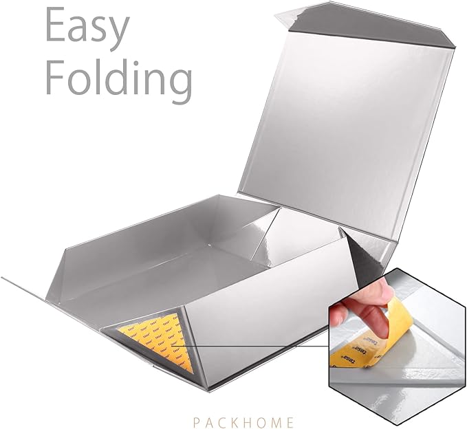 PACKHOME 17x14.5x5.5 Inches, Extra Large Gift Box with Lid, Magnetic Closure Box for Clothes and Large Gifts (Glossy Silver with Grass Texture)