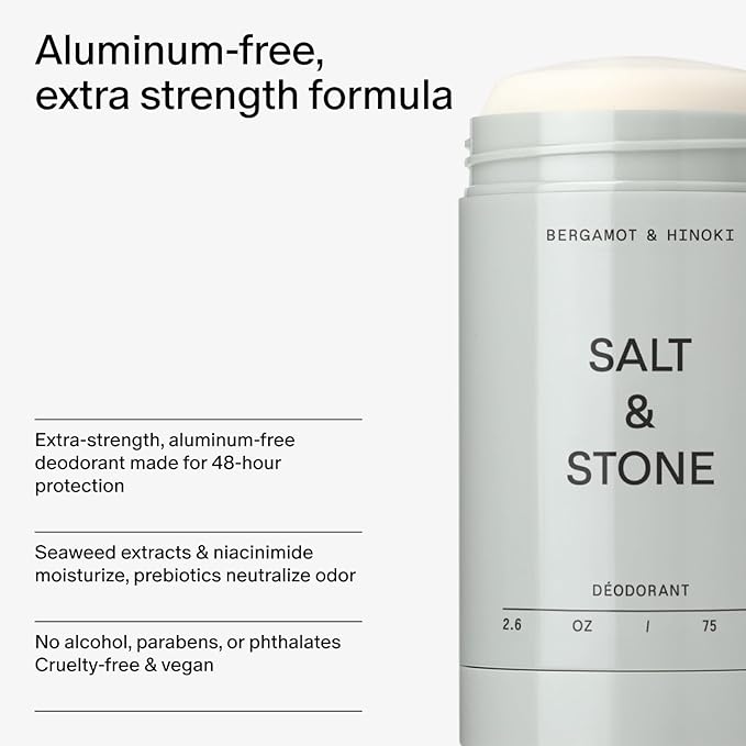 SALT & STONE Aluminum Free Deodorant | Extra Strength 48 Hour Protection for Women & Men | Made with Seaweed Extracts, Niacinamide & Prebiotics (Bergamot & Hinoki)