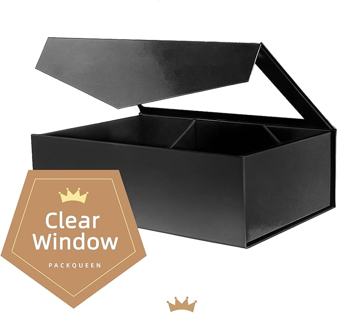 PACKQUEEN Large Black Gift Box with Window, 13.5x9x4.1 Inches Clear Gift Box for Present Contains Ribbon, Card, Groomsman Proposal Box with Magnetic Lid (Glossy Black)