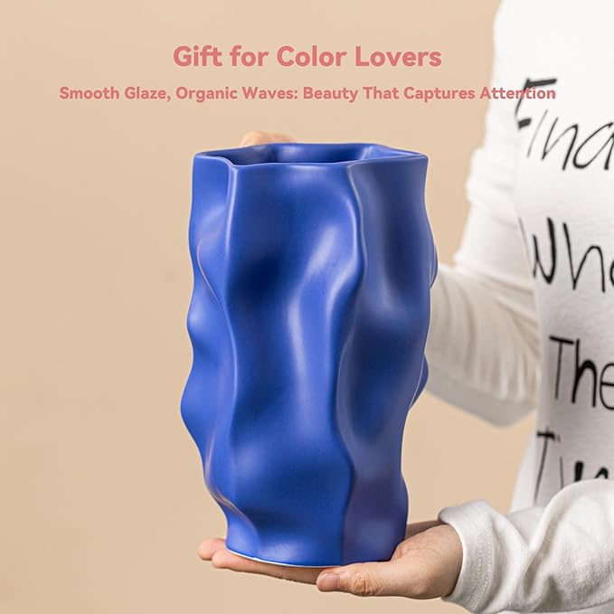 Klein Blue Ceramic Vase with Organic Wave Texture - 8.3" Unique Flower Vase for Pampas Grass & Centerpieces, Decorative Boho/Farmhouse Vase for Living Room, Office Desk & Gift for Her/Yourself