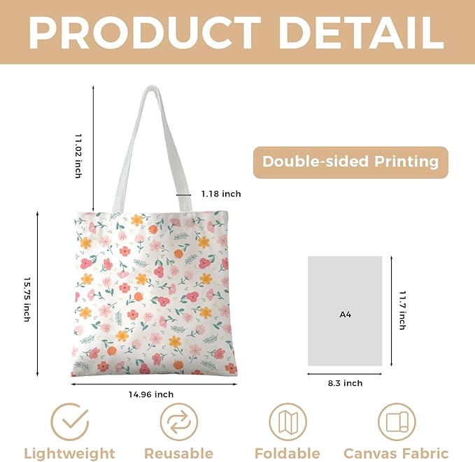 Cute Aesthetic Canvas Tote Bag for Women, Reusable Foldable Shopping Cotton Shoulder Totebag with Zipper Pocket