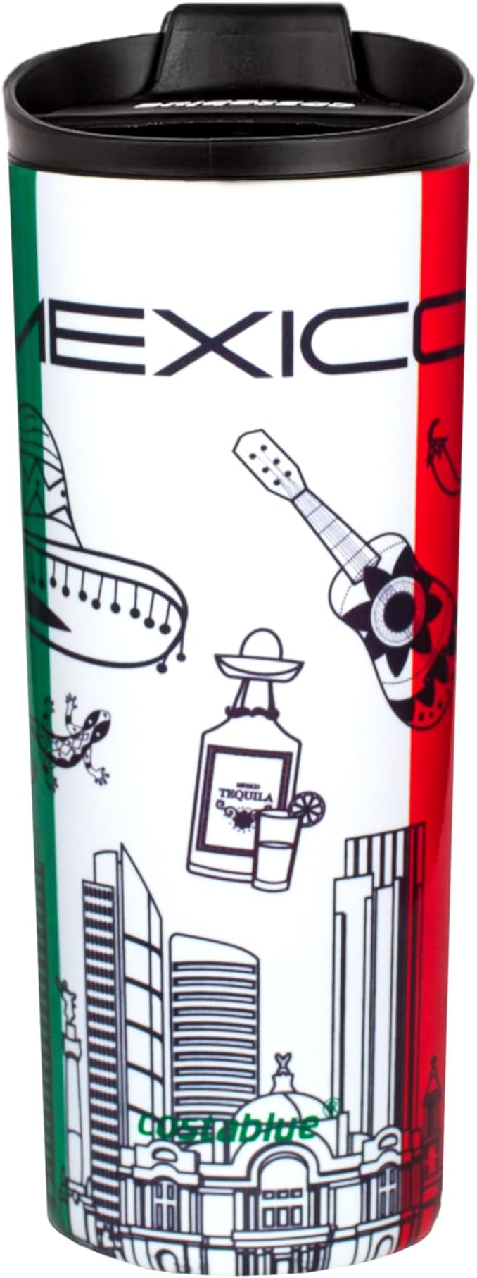 Mexico Vacuum Insulated Stainless Steel Thermal Travel Mug, 16 oz, Easy Clean, Flip leak Proof Lid Mexican Flag with Icons from Mexico…