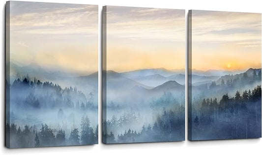 Wall Decor for Bedroom 3 Panel Sunrise Misty Forest Print Picture Paintings Wall Art for Living Room Bathroom Framed Canvas Artwork Modern Room Wall Decorations Size 16x24 x 3 Piece Ready to Hang