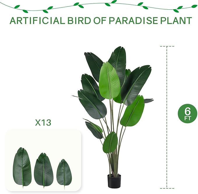 Artificial Bird of Paradise Tree for Home Decor, Fake Plants Areca Palm Tree Fake Silk Banana Leaf Tropical Trees Faux Tropical Palm Potted Dypsis Lutescens for Home Office Decor Housewarming