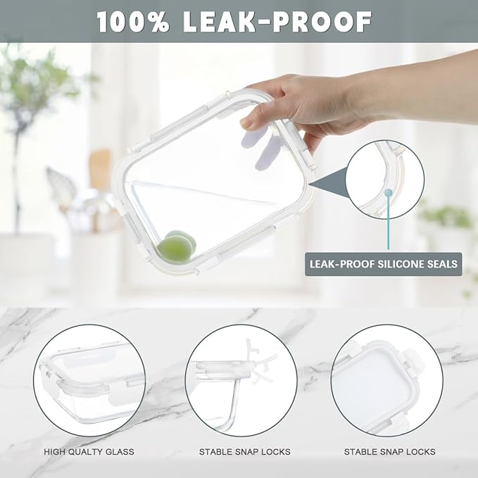 KAMOTA Glass Food Storage Containers, 10 Pack Glass Meal Prep Containers, Airtight Containers with Snap-Lock Lids, 34 oz and 13 oz white Container Set with Lids, for Microwave/Oven/Freezer