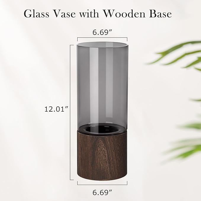 VECELO Artistic Flower vase with Wooden Base, 7" Tall Boho Rustic Cylinder Glass vase for Fresh Flowers, Fireplace Bedroom Kitchen Living Room