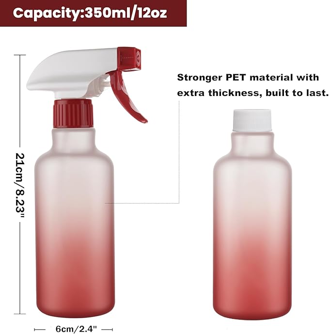 Plastic Spray Bottles 12oz 2 Pack Adjustable Mist/Stream Spraying Heavy Duty Square Water Spray Bottles for Hair, Cleaning Solutions, Plants, Cooking，BBQ，Essential Oils (Red)