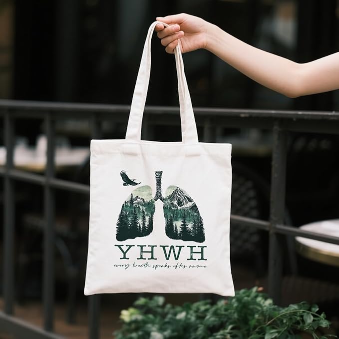 Christian Canvas Tote Bag, YHWH Every Breath Speaks His Name Tote Bag, Christian Canvas Totes for Work Traveling, Reusable Grocery Shoulder Shopping Bags, Christmas Gifts to Women Friends