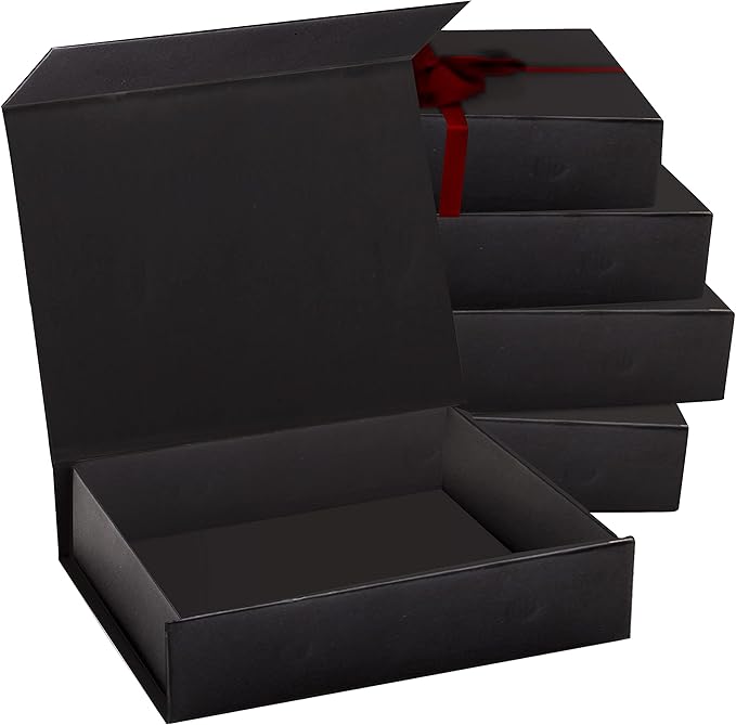 5 Pack Black Hard Gift Box with Magnetic Closure Lid 7" x 5" x 1.6" Rectangle Boxes For Gifts With Black Glossy Finish (Black, 5 Boxes)