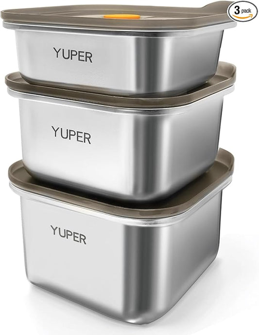 YUPER Stainless Steel Food Containers, Meal Prep Containers, Bacon Cheese Sandwich Container for Refrigerator, Stainless Steel Containers with Airtight Lids, 3 Pack (17+27+33OZ)