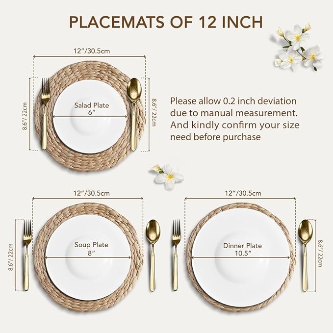 Natural Round Placemats Set of 10, 12 inch Woven Placemats, Herringbone Pattern, Table Mats Braided Heat Proof, Farmhouse Boho Table Place Mat Ourdoor Wicker Chargers for Dinner Plates