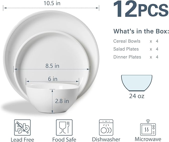 ONEMORE Plates and Bowls Set for 4 - Microwave & Dishwasher Safe Porcelain Dinnerware Set Service for 4 - Ceramic Dishes Set(12 Pcs) - White