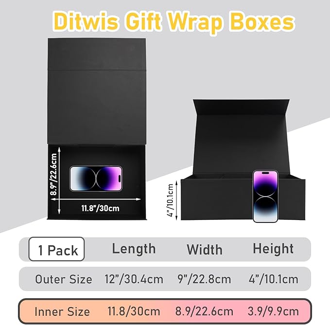 Ditwis 12x9x4 Inches Gift Box with Magnetic Closure Lid, Black Magnetic Box for Wedding, Groomsmen Bridesmaid Proposal, Birthdays, Mother's Day, 1 Pack
