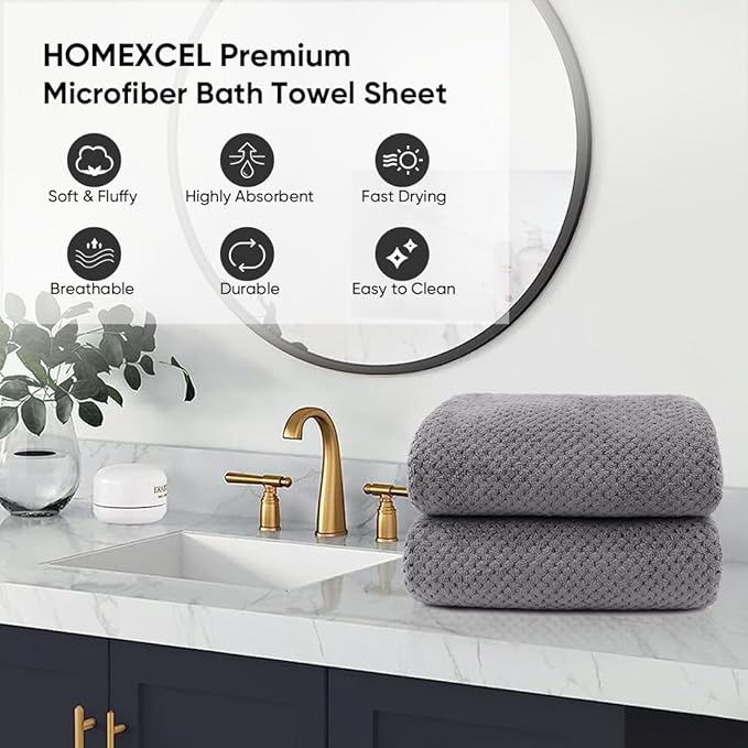 HOMEXCEL Bath Sheets Towels Set Pack of 2 (35 x 70 Inches), Ultra Soft Bath Towels for Bathroom, Lightweight and Quick Drying Towel for Body, Yoga, SPA, Fitness, Grey