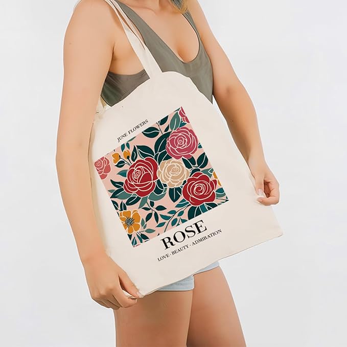Month Flower Canvas Tote Bag, June Rose Reusable Shoulder Bags, Gifts to Sister and Friends, Holiday Gift Bags for Wrap Storage, Casual Canvas Totes for Work Traveling