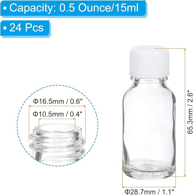 PATIKIL 0.5oz(15ml) Glass Sample Bottles, 24Pcs Round Bottle Dispensing Bottles with Black Poly Cone Cap for Reagent Liquids, Juice, Perfume Hot Sauce Ginger Shots, Transparent