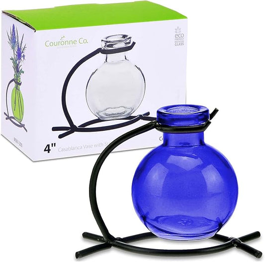 Couronne Company M501-200-15 Casablanca Recycled Glass Vase & Metal Stand, 4", Cobalt Blue, 1 Piece