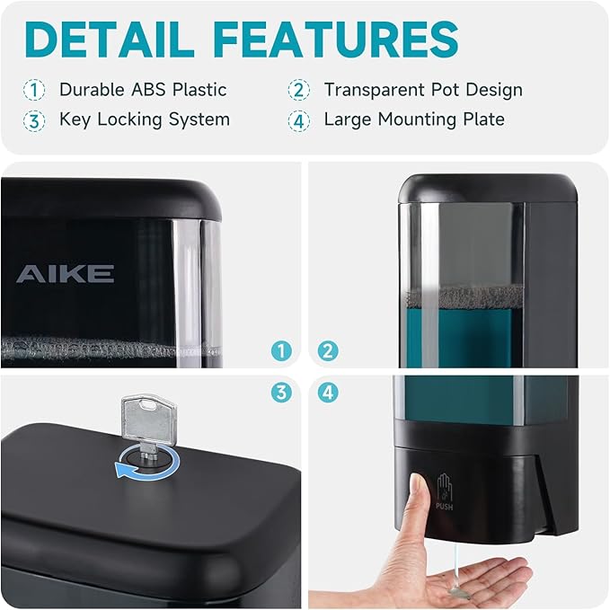 AIKE Wall Mount Liquid Soap Dispenser for Commercial Bathrooms,Offices,Restaurants 40 oz Large Capacity AK1007,Black