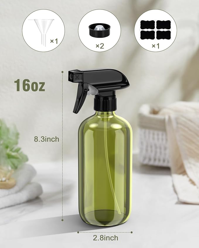 Glass Spray Bottle, Olive Green Glass Spray Bottle Set & Accessories Refillable for Plants Window Cleaners Aromatherapy Facial Hydration Watering Flowers Hair Care (2 Pack/16 oz) (Olive Green