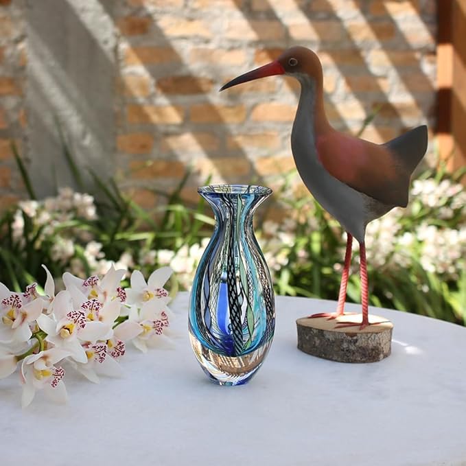 Ca D Oro Small Glass Vase Boho with Blue/Green Canes Hand Blown Murano-Style Art Glass - Model Nº 2
