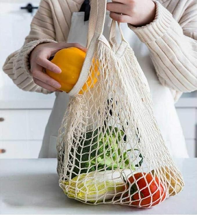 4 Pack Portable Reusable Grocery Bags Fruit and Vegetable Bag Washable Cotton Mesh String Organic Organizer Shopping Handbag Long Handle Net Tote (blue,Black,Beige,Orange)