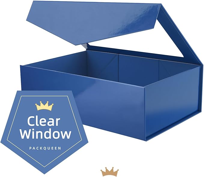 PACKQUEEN 5 Large Blue Easter Gift Boxes with Windows, 13.5x9x4.1 Inches Clear Gift Boxes for Presents Contain Ribbons, Cards, Groomsmen Proposal Boxes, Boxes with Magnetic Lids (Glossy Blue)