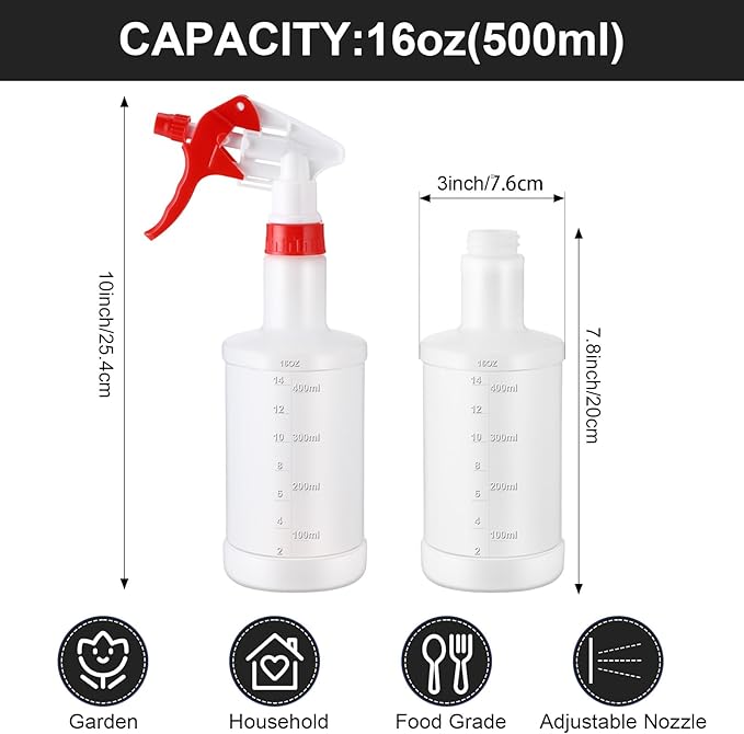 Eccliy 12 Pcs 16 Oz Plastic Spray Bottle, Adjustable Empty Reusable Sprayer for Cleaning, Planting, Water, Bathroom and Kitchen, BBQ, Commercial and Residential(Red & White,Measurement)