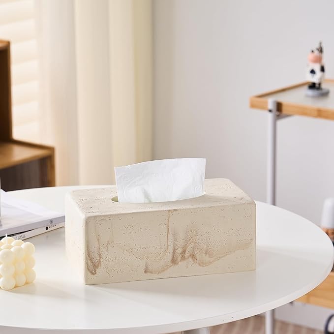 Natural Travertine Textures Tissue Box Cover Rectangular (Only Suitable for Standard Sized Tissue Box) for Decor,Resin Tissue Box for Bathroom Countertop,Bedside,Office（Made of Resin, Height of 4 in