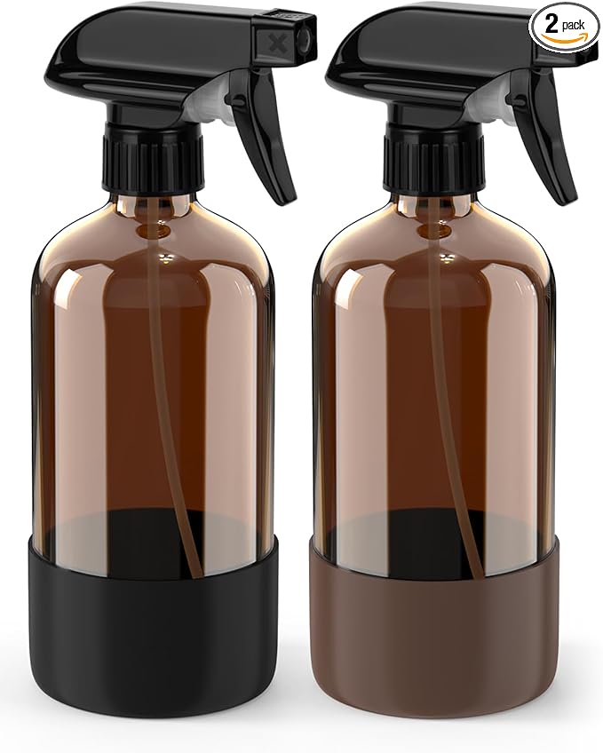 Glass Spray Bottle with Silicone Sleeve Protection, Amber Glass Spray Bottle Set for Window Cleaner Aromatherapy Facial Hydration Watering Flowers Hair Care 2 Pack/16 oz (Black & Brown)