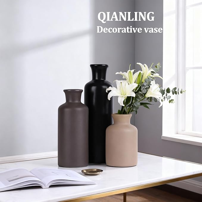 Ceramic Vase Set of 3 - Modern Neutral Vases for Home Decor Rustic Farmhouse Decor Pampas Vase for Table Mantel Entryway Shelf Living Room Kitchen Bathroom