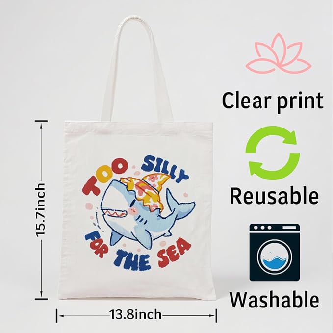 Canvas Tote Bag for Women, Too Silly for The Sea Reusable Shoulder Bags, Shark Totes Bag, Reusable Gift Beach Shopping Totes Bags, Birthday Christmas Gifts to Friends