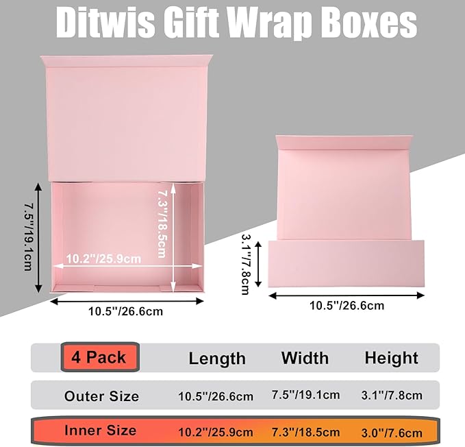 Ditwis 4 Pack 10.5x7.5x3.1 Inches Gift Boxes with Magnetic Closure Lids, Pink Magnetic Box for Wedding, Groomsmen Bridesmaid Proposal, Birthdays, Mother's Day