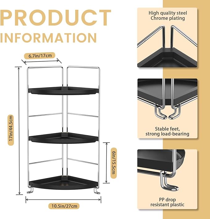 3-Tier Corner Bathroom Organizer Countertop for Storage，Counter Tray and Vanity Organizer，Plastic Counter Organizer for Kithchen, Bathroom, Dresser 10.6 inches (Chrome + Black)