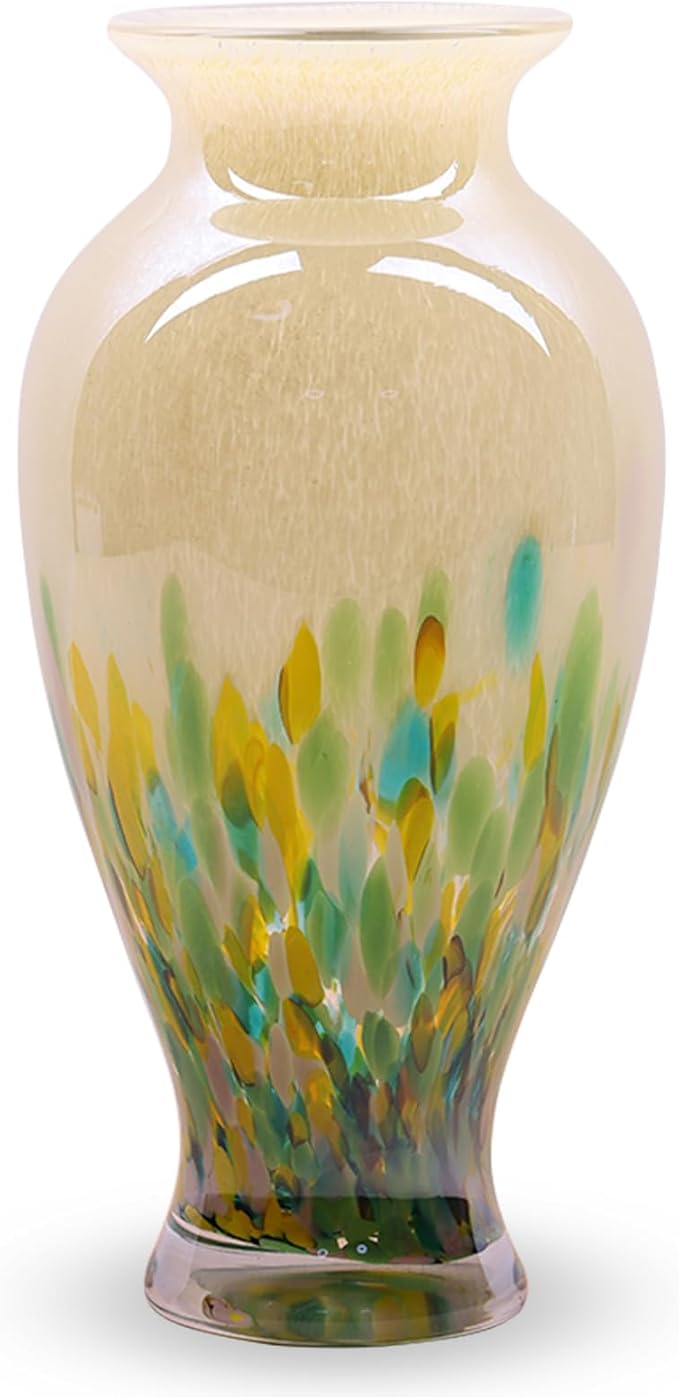 Hand Blown Glass Vase 11.8" Tall Beautiful Green Sea Wide Mouth Bud Vase for Table Centerpiece, Painted Colorful Murano Glass Flower Vases for - Home Entrance Wedding Center