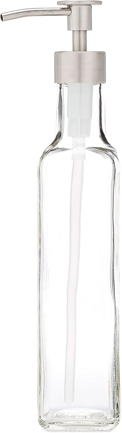 Rail19 French Vessel Glass Soap Dispenser with Metal Pump - Refillable Hand Soap, Lotion & Sanitizer for Sinks and Small Countertops, 8.5oz (Luxe Stainless)