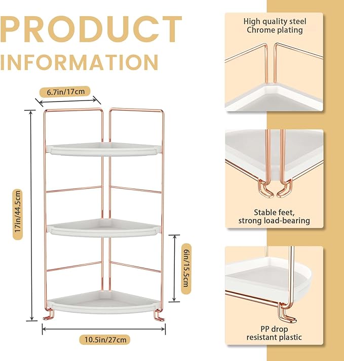 JAUNSLiANG 3-Tier Bathroom Counter Organizer Corner Bathroom Organizer Countertop, Makeup Organizer for Vanity Skincare Organizers and Storage, Perfume Organizer (Rose Gold)