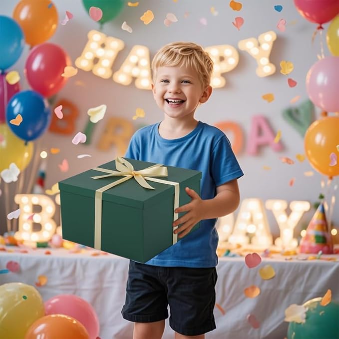 UoeRing 1Pcs Green Extra Large gift box with lids 13×13×7 Inches gift boxes for presents,Birthday Box (include Ribbon, Paper Shred Filler Gift Card & Envelopes)