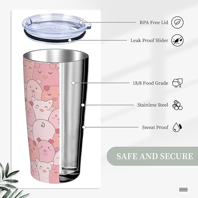 Cute Pigs Tumbler,Pigs 20oz Stainless Steel Insulated Travel Tumblers,Travel Coffee Mug with Lid and Straw Water Bottle Drink Tumbler Cups Gifts for Women Men Lovers