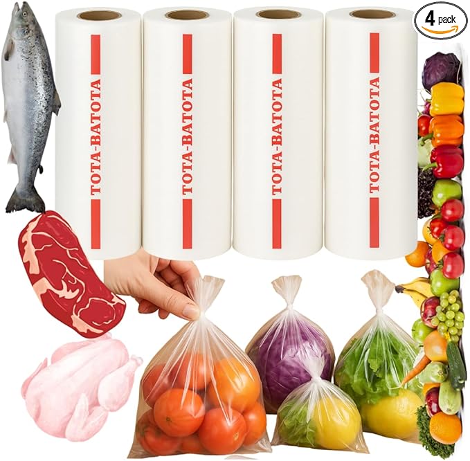 Plastic Produce Bags on Rolls – 2000 Count (4 Rolls), 10x15 in, Clear Food Storage Bags with Easy Tear Red Line, for Fruits, Vegetables, Meat, Freezer, Grocery & Commercial Use, TOTA-BATOTA