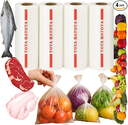 Plastic Produce Bags on Rolls – 2000 Count (4 Rolls), 10x15 in, Clear Food Storage Bags with Easy Tear Red Line, for Fruits, Vegetables, Meat, Freezer, Grocery & Commercial Use, TOTA-BATOTA