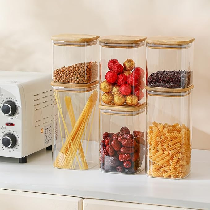 Glass Food Storage Containers with Lids 6 Pack(25oz/37oz/50oz), High Borosilicate Glass Jars for Coffee Bean, Candy, Cookie, Flour, Square