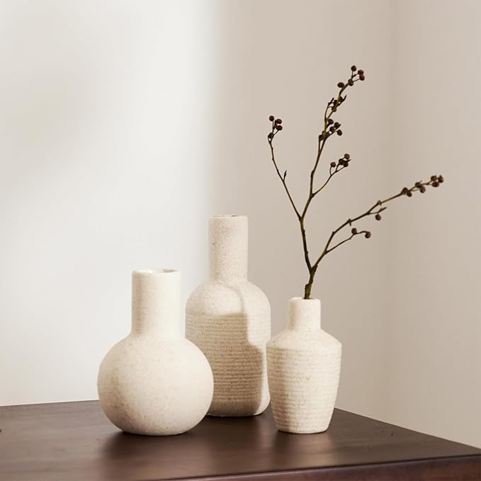 DN DECONATION Ceramic Vase Set of 3, Small Vases Home Decor Boho Rustic Farmhouse for Pampas Grass & Dried Fresh Flowers, Modern Decorative Vases for Living Room, Bedroom, Entryway, Shelf, Table Decor