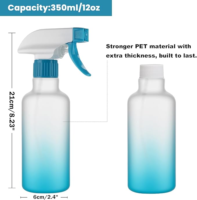 Plastic Spray Bottles 12oz 2 Pack Adjustable Mist/Stream Spraying Heavy Duty Square Water Spray Bottles for Hair, Cleaning Solutions, Plants, Cooking，BBQ，Essential Oils (Blue)