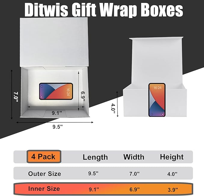 4 Pack 9.5x7x4 Inches Gift Boxes with Magnetic Closure Lids, White Magnetic Box for Wedding, Groomsmen Bridesmaid Proposal, Birthdays, Mother's Day