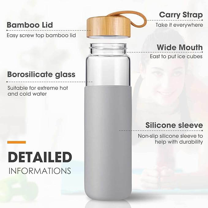 25 Oz Borosilicate Glass Water Bottles with Silicone Sleeve BPA Free, Dishwasher Safe - Reusable Clear Glass Drinking with Leak Proof Bamboo Lid | Perfect Gym Water Bottles for Men & Women