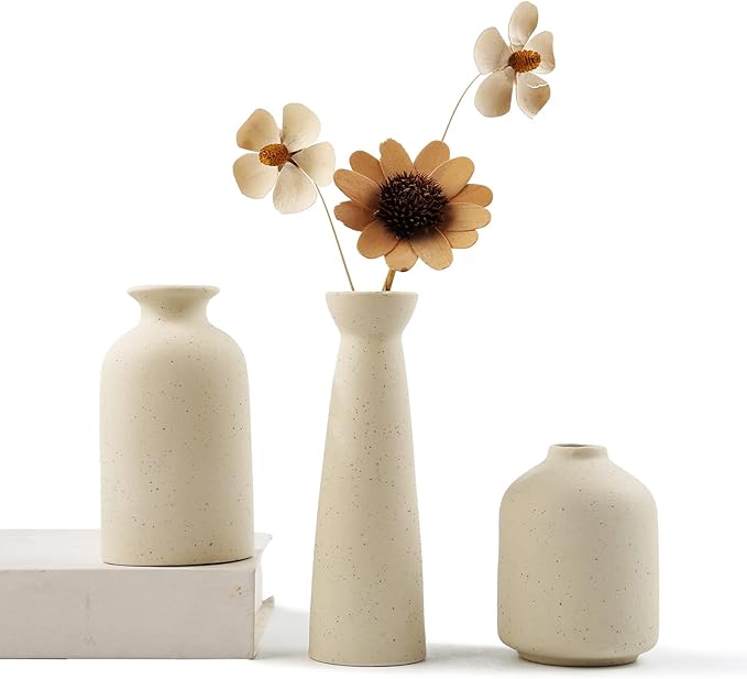 Ceramic Vase,Small Vases for Decor,Set 3 Modern Boho Vases for Flower Pampas,Fit for Living Room Desk Shelf Decor (Beige)