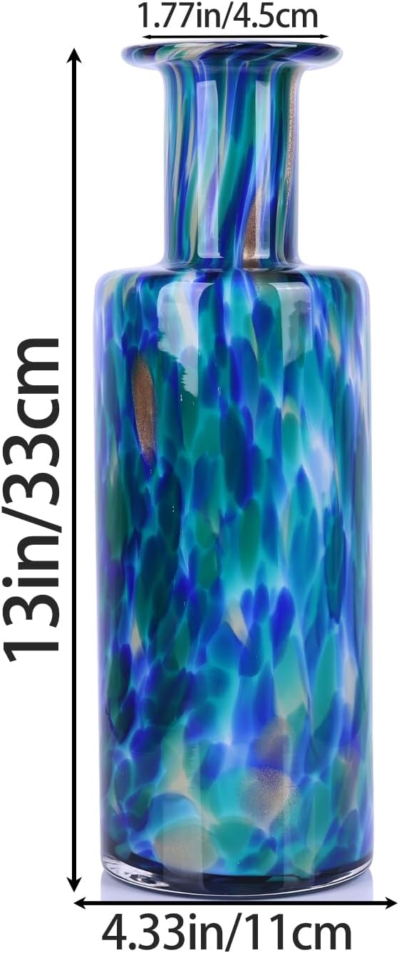 Blown glass cylindrical vase, modern art glass tall vase for home decoration table centerpiece, wedding, living room coffee table, entryway entry table top, TV cabinet decoration and ornament. (green)