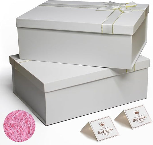 2 Pack Large Gift Boxes with Lids for Presents, 13"x10"x5" White Gift Wrap Boxes, Foldable Box for Gifts, Sturdy Present Box for Birthdays, Anniversaries, Festivals or Special Celebration