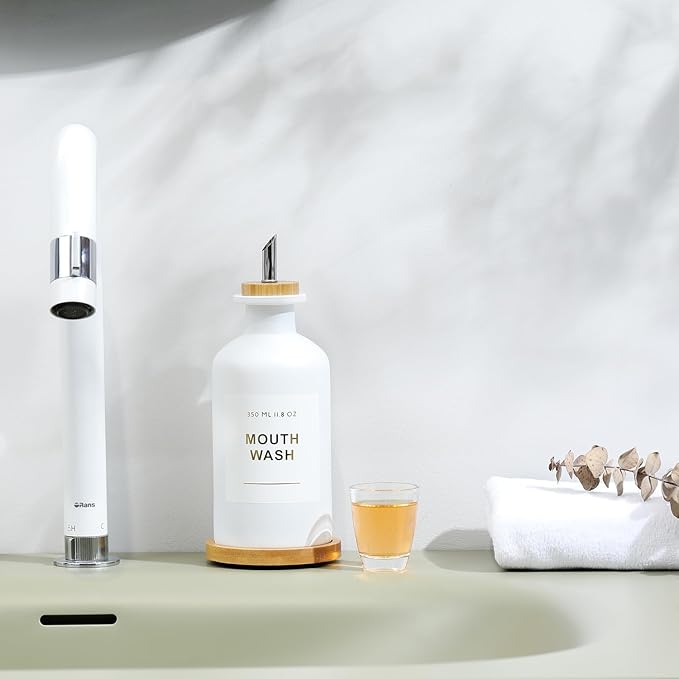 11.8OZ Mouthwash Dispenser for Bathroom with Bamboo & Stainless Steel Pour Spout, Mouthwash Cup Reusable, Bamboo Tray, and Elegant Gold Label. （White